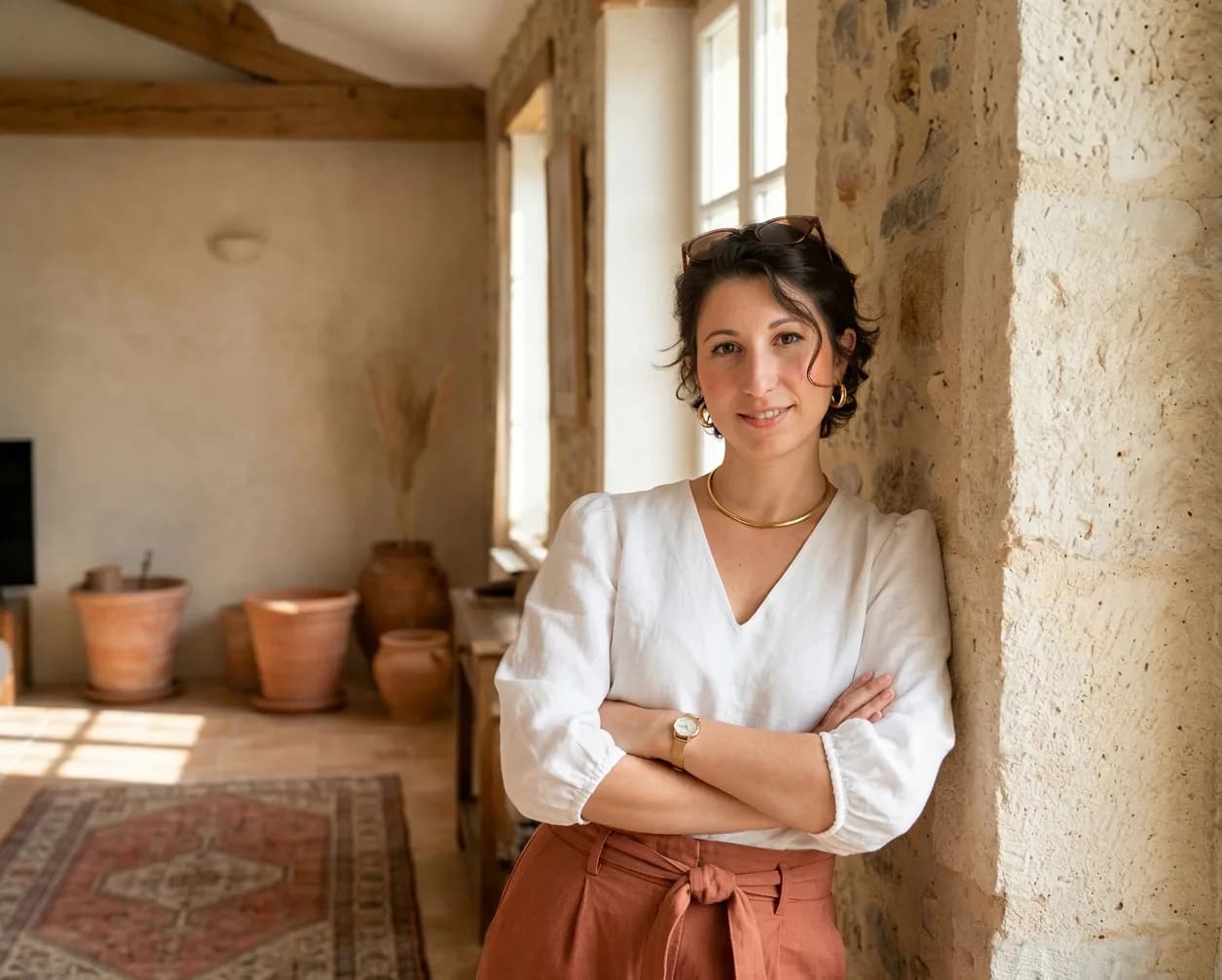 Annachiara Melito appoggiata a una parete in pietra in un casale luminoso
